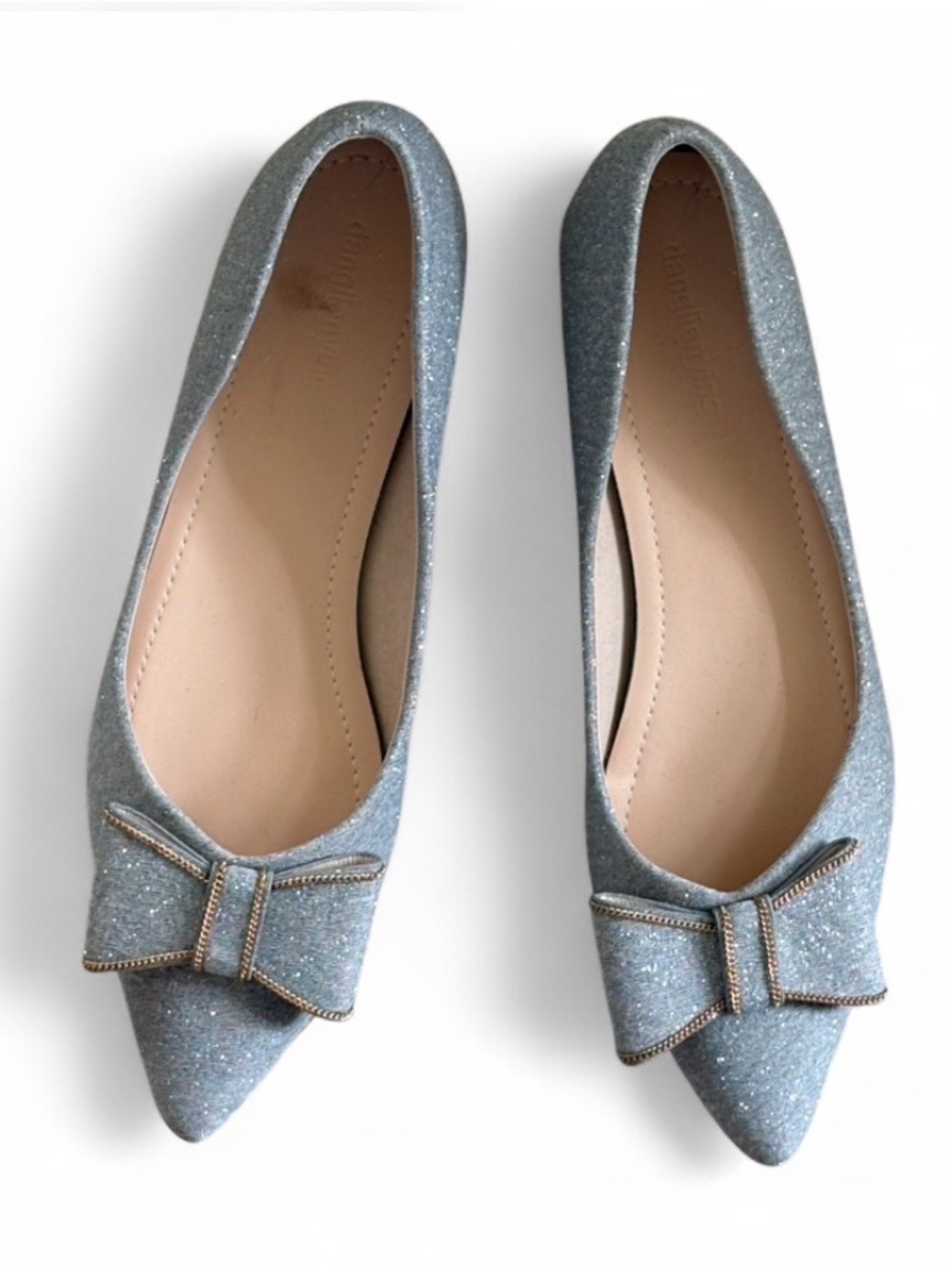 Women's Glitter Pointed-Toe Ballet Heel with Bow Gold Heel Denim - Light Blue